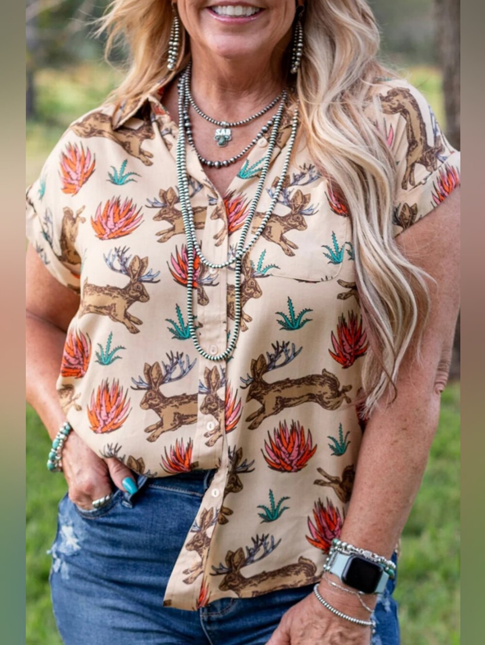 Women’s Beige Button-Up Short Sleeve Top with Southwestern Jackalope Print